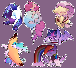 Size: 3050x2750 | Tagged: safe, artist:kaf1l, derpibooru import, applejack, fluttershy, pinkie pie, princess celestia, rainbow dash, rarity, twilight sparkle, twilight sparkle (alicorn), alicorn, earth pony, pegasus, pony, shrimp, unicorn, fanfic:rainbow factory, g4, balloon, banana, banana costume, bananalestia, bipedal, book, bust, clothes, costume, ears, eyes closed, fanfic art, female, floppy ears, food, food costume, fruit costume, glowing, glowing eyes, high res, hooves together, horn, looking at you, mane six, mare, outline, purple background, rainbow, rainbow factory dash, reading, simple background, smiling, smiling at you, torn ear, white outline