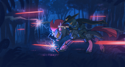 Size: 3457x1872 | Tagged: safe, artist:ciborgen, derpibooru import, tempest shadow, human, pony, unicorn, g4, armor, crossover, duo, female, force field, gun, handgun, helldivers 2, high res, horn, humans riding ponies, laser, mare, revolver, riding, riding a pony, weapon