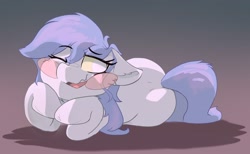 Size: 2146x1321 | Tagged: safe, artist:zzzsleepy, derpibooru import, oc, oc only, oc:chanter, ghost, ghost pony, blush sticker, blushing, ears, female, floppy ears, gradient background, lying down, one eye closed, open mouth, solo, teeth, wavy mouth