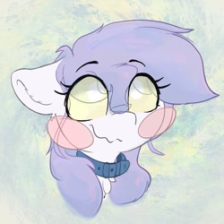 Size: 1115x1114 | Tagged: safe, artist:zzzsleepy, derpibooru import, oc, oc only, oc:chanter, ghost, ghost pony, abstract background, blush sticker, blushing, bust, collar, ears, female, floppy ears, golden eyes, smiling, solo, wavy mouth