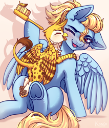 Size: 3400x4000 | Tagged: safe, artist:konejo, derpibooru exclusive, derpibooru import, oc, oc only, oc:beaky, oc:brave blossom, griffon, pegasus, pony, fanfic:yellow feathers, brush, brushing, duo, face licking, feather, female, food, griffon oc, ice cream, licking, male, mother and child, mother and son, parent and child, paw pads, paws, pegasus oc, tongue, tongue out, underpaw