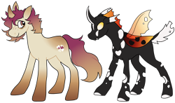 Size: 4750x2800 | Tagged: safe, artist:catastrophyte, derpibooru import, oc, oc only, changeling, pony, unicorn, adoptable, black body, black coat, carapace, changeling oc, coat markings, colored, colored hooves, colored wings, curved horn, duo, ear markings, eye markings, facial markings, fangs, flat colors, fluffy mane, fluffy tail, freckles, frown, gradient ears, gradient eyes, gradient horn, gradient legs, gradient mane, gradient tail, gradient wings, hooves, horn, horn markings, leg markings, leonine tail, long tail, looking at someone, looking back, narrowed eyes, orange changeling, pink eyes, simple background, small horn, spread wings, standing, tail, tan coat, three toned mane, three toned tail, transparent background, transparent wings, unicorn oc, wall of tags, white hooves, white tail, wings