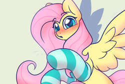 Size: 3294x2200 | Tagged: safe, artist:mariashek, derpibooru import, fluttershy, pegasus, pony, g4, abstract background, blushing, blushing profusely, clothes, cute, embarrassed, female, mare, socks, solo, striped socks, wings