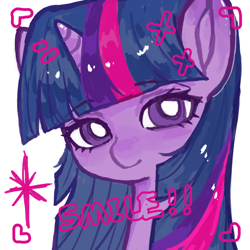 Size: 2048x2048 | Tagged: safe, alternate version, artist:xinjinjumin587503282812, derpibooru import, twilight sparkle, pony, unicorn, bust, camera shot, female, horn, looking at you, mare, portrait, simple background, smiling, smiling at you, solo, white background