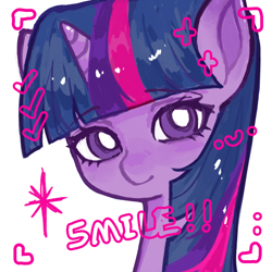 Size: 2048x2048 | Tagged: safe, alternate version, artist:xinjinjumin587503282812, derpibooru import, twilight sparkle, pony, unicorn, bust, camera shot, female, horn, looking at you, mare, portrait, simple background, smiling, smiling at you, solo, white background