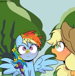 Size: 2028x2048 | Tagged: safe, artist:eltrash_art6, derpibooru import, applejack, rainbow dash, earth pony, pegasus, pony, g4, appledash, applejack's hat, blushing, clothes, cowboy hat, cute, dashabetes, duo, duo female, female, flower, flower in hair, hat, jackabetes, lesbian, mare, shipping, spread wings, tree, wings