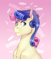 Size: 1908x2219 | Tagged: safe, artist:equeslibrium, derpibooru import, bon bon, sweetie drops, earth pony, pony, g4, background pony, bust, candy, female, food, looking at you, mare, portrait, solo