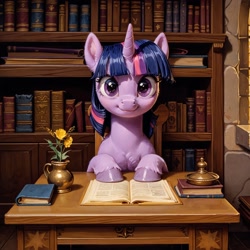 Size: 2048x2048 | Tagged: safe, ai content, derpibooru import, generator:pony diffusion v6 xl, generator:stable diffusion, machine learning generated, twilight sparkle, pony, unicorn, g4, book, bookshelf, chest fluff, desk, female, hooves, horn, library, looking at you, prompter:aiponyanon, smiling, smiling at you, solo