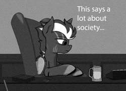 Size: 1244x897 | Tagged: safe, artist:klonray, derpibooru import, oc, oc only, oc:colton whittles, pegasus, black and white, grayscale, male, meme, monochrome, pegasus oc, sad, sitting, solo, stallion