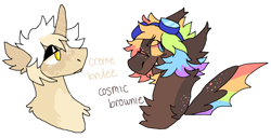 Size: 1230x630 | Tagged: safe, artist:catastrophyte, derpibooru import, oc, oc only, oc:creme brulee, bat pony, pony, unicorn, bat pony oc, black eyeshadow, body freckles, brown coat, brown mane, brown text, bust, chest fluff, coat markings, colored, colored ears, colored horn, colored sclera, colored wings, colored wingtips, cream coat, duo, ear fluff, ear tufts, ears, eye clipping through hair, eyeshadow, facial markings, facial scar, flat colors, fluffy mane, freckles, frown, goggles, goggles on head, golden eyes, horn, hybrid wings, lidded eyes, looking at someone, looking back, makeup, multicolored hair, multicolored wings, multicolored wingtips, orange sclera, pixel-crisp art, profile, rainbow freckles, rainbow hair, rainbow wingtips, scar, short mane, shoulder fluff, simple background, slit eyes, smiling, spread wings, striped horn, tan coat, text, two toned eyes, two toned mane, unicorn oc, wall of tags, white background, white mane, white pupils, wing freckles, wings