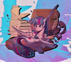 Size: 2363x2048 | Tagged: safe, artist:toris12, derpibooru import, twilight sparkle, twilight sparkle (alicorn), alicorn, pony, abstract background, book, chest, female, mare, parchment, solo, spread wings, wings