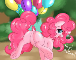 Size: 2652x2103 | Tagged: safe, artist:marbatra, derpibooru import, pinkie pie, earth pony, pony, g4, balloon, balloonbutt, butt, dialogue, dock, featureless crotch, female, floating, happy, mare, open mouth, sfw version, solo, tail, then watch her balloons lift her up to the sky, underhoof