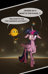 Size: 1377x2129 | Tagged: safe, artist:toris12, derpibooru import, twilight sparkle, twilight sparkle (alicorn), alicorn, pony, abstract background, artificial intelligence, crossover, duo, ears, female, floppy ears, hand on hip, loki (tv series), looking at each other, looking at someone, mare, miss minutes, speech bubble, text, voice actor joke