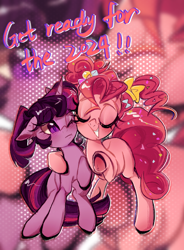 Size: 2048x2776 | Tagged: safe, artist:toris12, derpibooru import, pinkie pie, twilight sparkle, earth pony, pony, unicorn, 2024, abstract background, alternate hairstyle, duo, duo female, eyes closed, female, horn, hug, mare, one eye closed, smiling, text