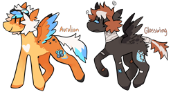 Size: 1600x850 | Tagged: safe, artist:catastrophyte, derpibooru import, oc, oc only, pegasus, pony, adoptable, bandage, bandaged neck, brown mane, duo, goggles, goggles on head, orange coat, pegasus oc, simple background, smiling, tail, transparent background, two toned tail, white tail