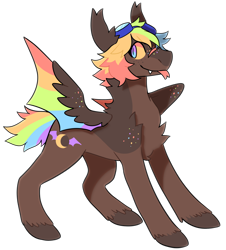 Size: 1600x1770 | Tagged: safe, artist:catastrophyte, derpibooru import, oc, oc only, bat pony, pony, :p, bat pony oc, blue eyes, brown coat, colored sclera, colored wings, countershading, multicolored hair, multicolored wings, rainbow hair, rainbow tail, rainbow wings, simple background, smiling, solo, tail, tongue, tongue out, transparent background, wings, yellow sclera