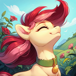 Size: 1024x1024 | Tagged: safe, ai content, derpibooru import, generator:pony diffusion v6 xl, generator:stable diffusion, machine learning generated, roseluck, pony, bust, collar, cute, eyes closed, flower, fluffy, pet tag, pony pet, portrait, prompter:doom9454, rose, rosepet, smiling, windswept mane