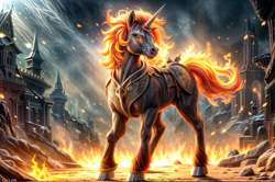 Size: 2048x1360 | Tagged: safe, ai content, derpibooru import, machine learning generated, oc, oc only, oc:ominous glow, unicorn, antagonist, canterlot, destruction, fire, horn, male, smoke, solo, stallion, unicorn horn