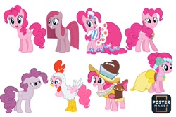 Size: 1200x800 | Tagged: safe, derpibooru import, chancellor puddinghead, pinkie pie, earth pony, pony, g4, animal costume, bridesmaid dress, chicken pie, chicken suit, clothes, costume, discorded pinkie pie, dress, element of laughter, female, gala dress, mare, nightmare night costume, pinkamena diane pie, simple background, white background