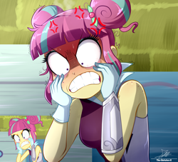 Size: 2134x1934 | Tagged: safe, artist:the-butch-x, derpibooru import, sour sweet, human, equestria girls, friendship games, g4, 2d, angry, bangs, bloodshot eyes, breasts, canterlot high, cross-popping veins, emanata, eyelid pull, eyeshadow, female, freckles, furious, gritted teeth, hair bun, makeup, messy hair, outdoors, reference, screencap reference, shadowbolts, shrunken pupils, solo, sweat, sweatdrops, teeth