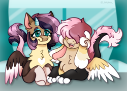 Size: 1800x1300 | Tagged: safe, artist:_rarerayy_, derpibooru import, oc, oc only, draconequus, hybrid, pony, digital art, duo, female, interspecies offspring, male, male and female, offspring, parent:discord, parent:fluttershy, parents:discoshy, siblings