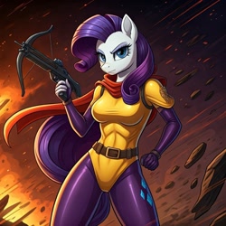 Size: 1024x1024 | Tagged: safe, ai content, derpibooru import, machine learning generated, rarity, anthro, bodysuit, clothes, cosplay, costume, crossbow, female, feminism, g.i. joe, generator:google imagen 3.0, missing horn, prompter:zerowinger, scarlett, solo, weapon