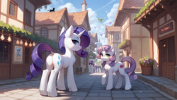 Size: 3840x2176 | Tagged: safe, ai content, derpibooru import, generator:stable diffusion, machine learning assisted, bon bon, rarity, sweetie belle, sweetie drops, cat, earth pony, pegasus, pony, unicorn, g4, alternate hairstyle, background pony, belle sisters, butt, canterlot, castle, chest fluff, city, cloud, day, dock, ear fluff, ears, female, filly, flower pot, foal, generator:tponynai3, head turn, horn, house, looking at you, looking back, looking back at you, mare, older, older sweetie belle, plot, prompter:truekry, rearity, siblings, sisters, sky, street, wallpaper