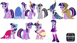 Size: 1280x720 | Tagged: safe, derpibooru import, clover the clever, twilight sparkle, twilight sparkle (alicorn), unicorn twilight, alicorn, human, pony, unicorn, equestria girls, g4, big crown thingy, bridesmaid dress, clothes, cosplay, costume, discorded twilight, dress, element of magic, female, gala dress, jewelry, mare, nightmare night costume, regalia, simple background, star swirl the bearded costume, twilight the bearded, white background