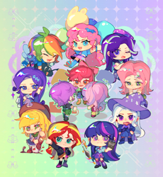 Size: 1804x1958 | Tagged: safe, artist:nimingxiwang168, derpibooru import, apple bloom, applejack, fluttershy, pinkie pie, rainbow dash, rarity, scootaloo, starlight glimmer, sunset shimmer, sweetie belle, trixie, twilight sparkle, human, equestria girls, g4, abstract background, book, chibi, cutie mark crusaders, female, gradient background, human coloration, humane five, humane seven, humane six, humanized, light skin, winged humanization, wings