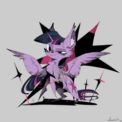 Size: 1600x1600 | Tagged: safe, artist:avravous, derpibooru import, twilight sparkle, twilight sparkle (alicorn), alicorn, pony, female, gray background, mare, simple background, solo, spread wings, wings