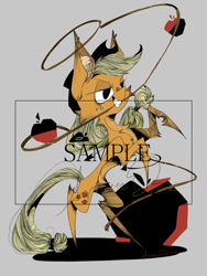 Size: 1600x2133 | Tagged: safe, artist:avravous, derpibooru import, applejack, earth pony, pony, apple, female, food, gray background, lasso, mare, rope, sample, simple background, solo, text