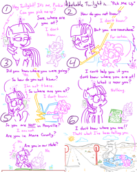 Size: 4779x6013 | Tagged: safe, artist:adorkabletwilightandfriends, derpibooru import, pinkie pie, spike, twilight sparkle, twilight sparkle (alicorn), alicorn, dragon, earth pony, pony, comic:adorkable twilight and friends, adorkable, adorkable twilight, aerial view, atlas, automobile, butt, car, cellphone, comic, confused, confusion, cute, desert, door, dork, drink, female, happy, help, help me, helpless, hood, humor, lost, magic, male, map, map of equestria, nervous, perspective, phone, phone call, plot, road, slice of life, smartphone, smoke, stop sign, tail, trio, wingless spike, worried