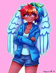 Size: 2550x3300 | Tagged: safe, artist:mylittleyuri, derpibooru import, rainbow dash, human, alternate hairstyle, blushing, clothes, cute, cute little fangs, dark skin, dashabetes, elf ears, fangs, female, heart, heart eyes, hoodie, humanized, pink background, ponytail, shirt, shorts, simple background, solo, wingding eyes, winged humanization, wings