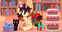 Size: 1400x720 | Tagged: safe, artist:eilidh-draw, derpibooru import, oc, oc only, oc:sychia, cat, pony, unicorn, birthday, birthday cake, birthday gift, cake, coat markings, collar, female, food, hat, horn, leonine tail, mare, party hat, plate, sitting, solo, tail, unshorn fetlocks