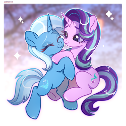 Size: 3300x3300 | Tagged: safe, artist:scarffist, derpibooru import, starlight glimmer, trixie, pony, unicorn, g4, base used, couple, cute, diatrixes, duo, eyes closed, female, glimmerbetes, happy, horn, hug, long hair, long mane, looking at each other, looking at someone, mare, purple eyes, simple background, smiling, sparkles