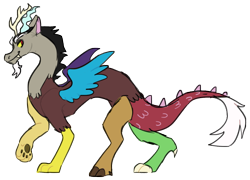 Size: 1313x946 | Tagged: safe, artist:catastrophyte, derpibooru import, discord, draconequus, full body, side view, simple background, smiling, solo, transparent background