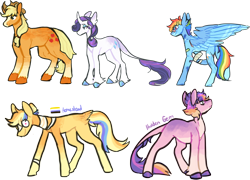 Size: 2470x1780 | Tagged: safe, artist:catastrophyte, derpibooru import, applejack, rainbow dash, rarity, oc, earth pony, pegasus, pony, unicorn, alternate design, full body, group, horn, magical lesbian spawn, offspring, parent:applejack, parent:rainbow dash, parent:rarity, parents:appledash, parents:rarijack, side view, simple background, transparent background