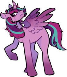 Size: 605x693 | Tagged: safe, artist:catastrophyte, derpibooru import, oc, oc only, alicorn, pony, full body, purple coat, raised hoof, raised leg, solo, spread wings, unamused, wings