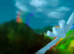 Size: 2434x1787 | Tagged: safe, artist:mandumustbasukanemen, derpibooru import, rainbow dash, pegasus, cloud, female, flying, from below, grass, hill, mare, rainbow trail, scenery, solo