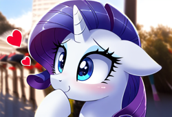 Size: 1216x832 | Tagged: safe, ai content, derpibooru import, generator:novelai, generator:stable diffusion, machine learning generated, rarity, pony, unicorn, g4, anonymous prompter, blushing, ears, female, floppy ears, heart, heart eyes, hoof over mouth, horn, mare, outdoors, real life background, smiling, solo, wingding eyes