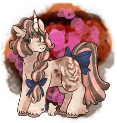 Size: 1131x1191 | Tagged: safe, artist:eonionic, derpibooru import, oc, oc:coffee stains, pony, unicorn, bow, braid, female, hair bow, horn, mare, solo, tail, tail bow