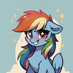 Size: 4608x4608 | Tagged: safe, ai content, derpibooru import, generator:pony diffusion v6 xl, generator:stable diffusion, machine learning assisted, machine learning generated, rainbow dash, pegasus, pony, g4, chest fluff, ear fluff, ears, female, generator:civitai, looking at you, mare, prompter:paleluna, simple background, solo, starry background, starry eyes, wing fluff, wingding eyes, wings