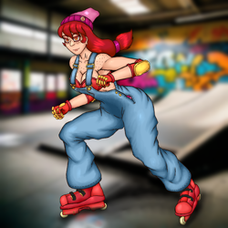 Size: 1700x1700 | Tagged: safe, artist:korencz11, derpibooru import, apple bloom, human, beanie, clothes, hat, overalls, roller skates, skates, zenless zone zero