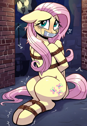 Size: 1280x1856 | Tagged: safe, ai content, derpibooru import, machine learning generated, fluttershy, pegasus, pony, bondage, bound and gagged, crying, damsel in distress, female, gag, kidnapped, mare, scared, solo, tape, tape gag, tied up