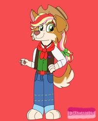 Size: 1280x1585 | Tagged: safe, artist:daniarts19, derpibooru import, applejack, anthro, border collie, dog, applejack's hat, clothes, cowboy hat, hat, solo