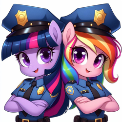 Size: 1024x1024 | Tagged: safe, ai content, derpibooru import, machine learning generated, rainbow dash, twilight sparkle, anthro, g4, duo, duo female, female, law enforcement, police, police officer, prompter:glitchyart11