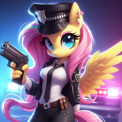 Size: 1024x1024 | Tagged: safe, ai content, derpibooru import, machine learning generated, fluttershy, anthro, g4, badge, belt, car, clothes, generator:dreamup, gun, hat, law enforcement, necktie, pants, police, police car, police officer, prompter:glitchyart11, shirt, uniform, vehicle, weapon