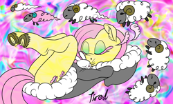 Size: 1500x903 | Tagged: safe, artist:sepiakeys, derpibooru import, angel bunny, fluttershy, anthro, pony, rabbit, sheep, unguligrade anthro, animal, butt, clothes, colored eyelashes, ear fluff, ears, eyes closed, eyeshadow, female, hoodie, makeup, male, mare, pink eyelashes, underhoof, wingless