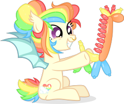 Size: 4433x3716 | Tagged: safe, artist:cirillaq, derpibooru import, oc, oc:shimmering skies, bat pony, pony, balloon, balloon animal, female, mare, simple background, solo, transparent background