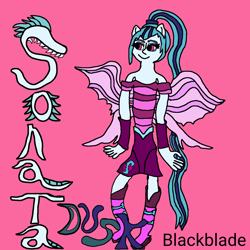 Size: 1280x1280 | Tagged: safe, artist:blackblade360, derpibooru import, sonata dusk, human, equestria girls, g4, rainbow rocks, blue skin, clothes, digital art, disguise, disguised siren, ears, ibispaint x, missing accessory, ponied up, pony ears, rainbow rocks 10th anniversary, red background, signature, simple background, spread wings, title card, wings